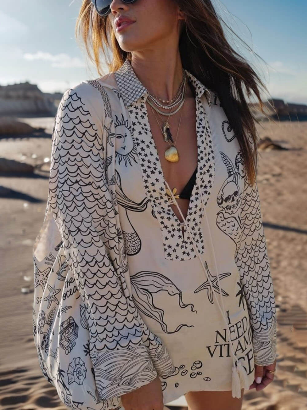 Boho-blus med grafiskt havstryck och matchande shorts