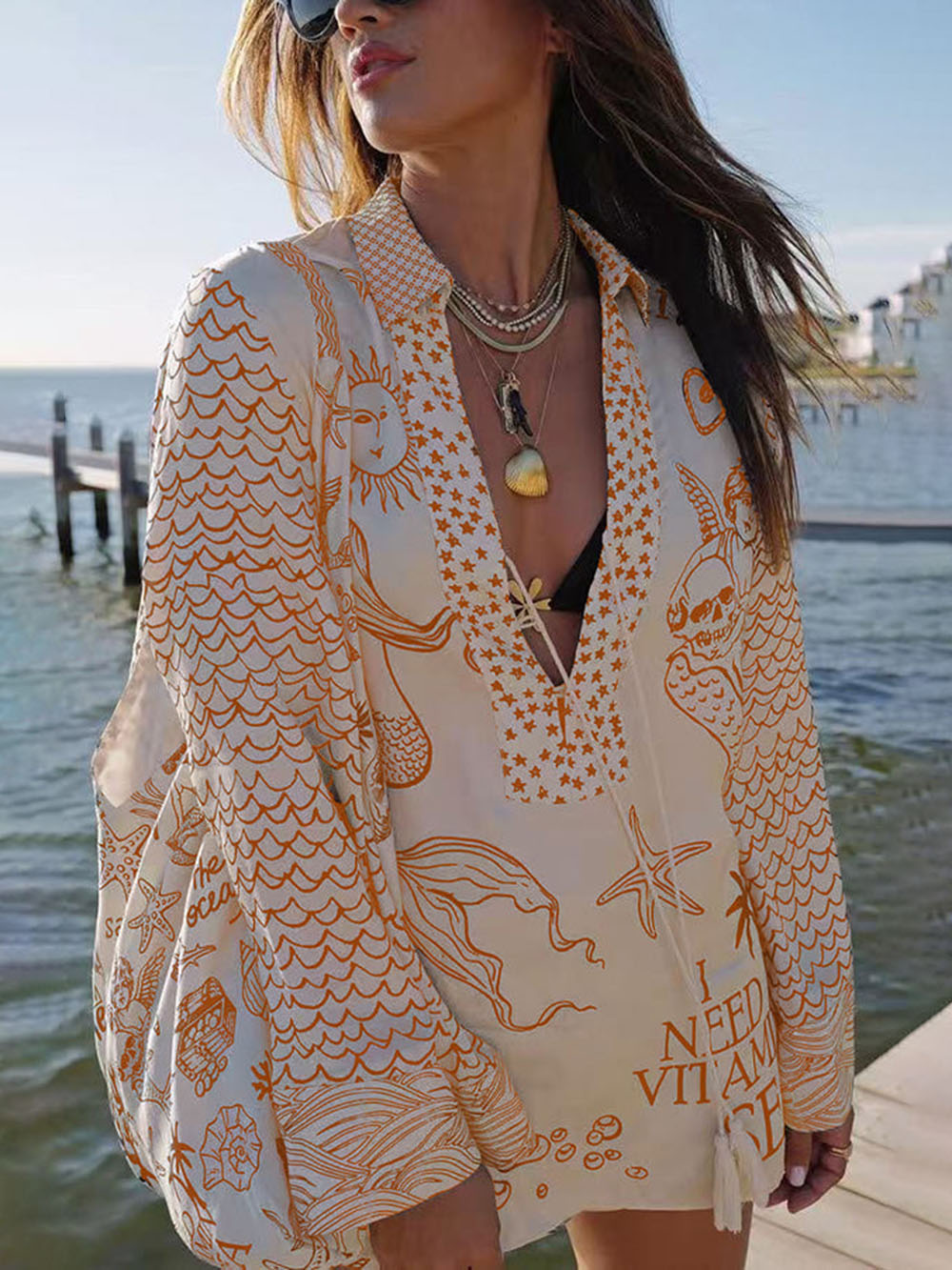 Boho-blus med grafiskt havstryck och matchande shorts