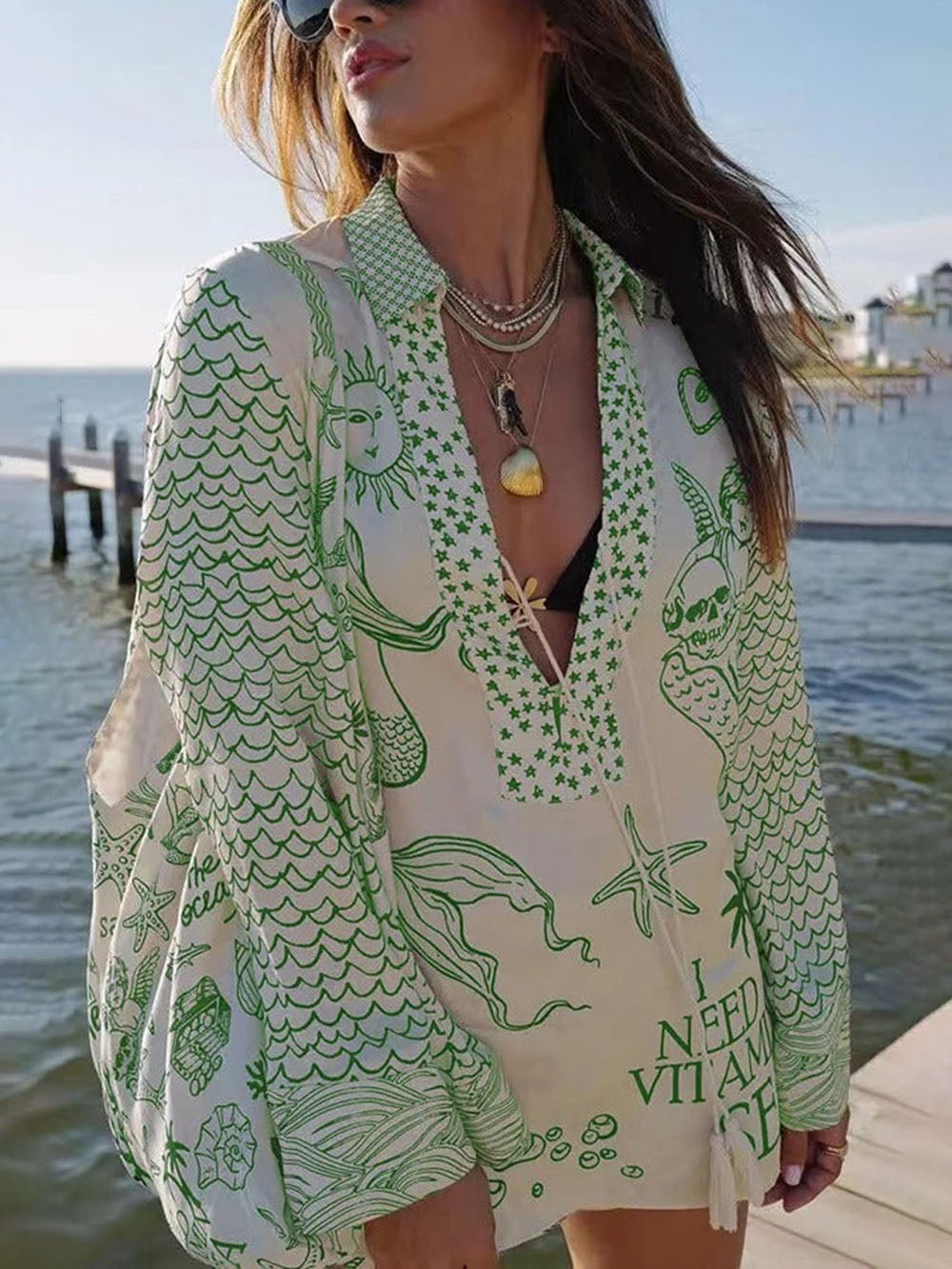 Boho-blus med grafiskt havstryck och matchande shorts