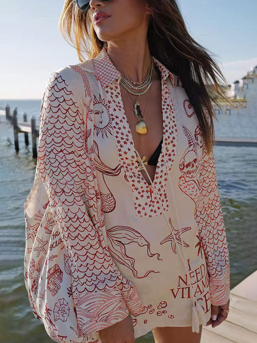 Boho-blus med grafiskt havstryck och matchande shorts