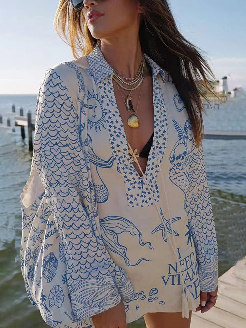 Boho-blus med grafiskt havstryck och matchande shorts