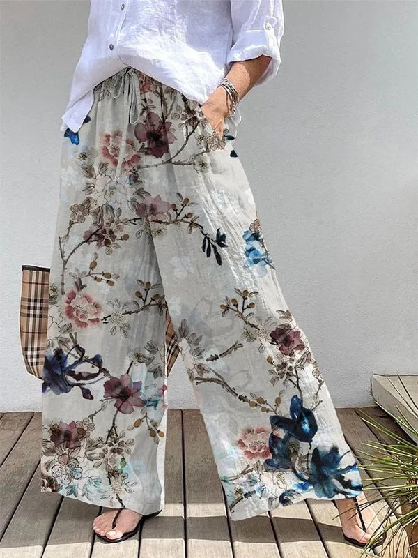 Blommig Långbyxa med Elastisk Midja