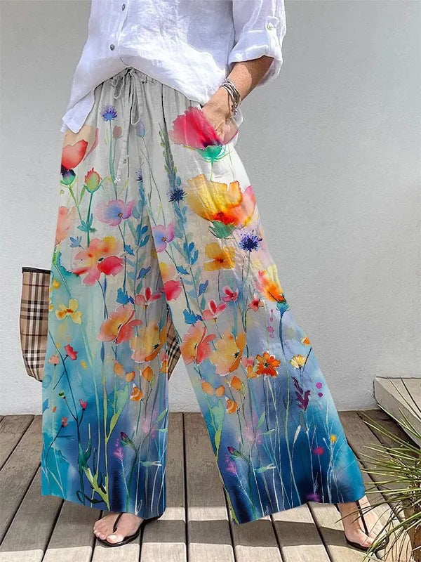 Blommig Långbyxa med Elastisk Midja