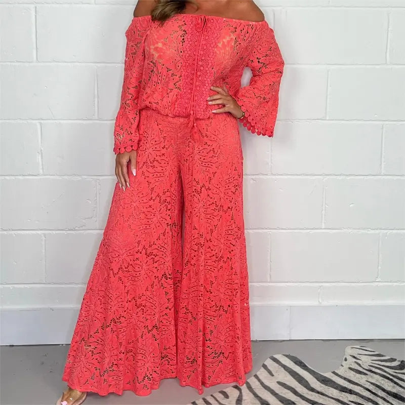 Elegant off-shoulder set med vida byxor
