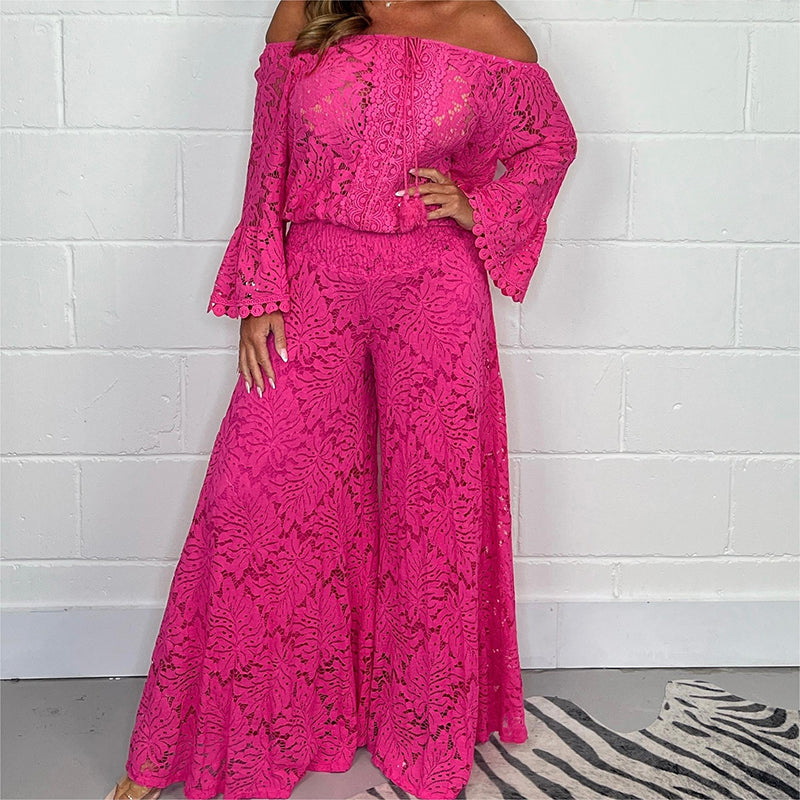 Elegant off-shoulder set med vida byxor
