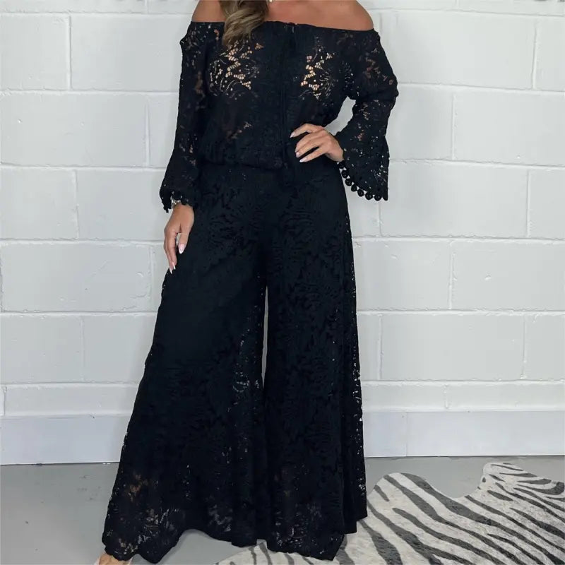 Elegant off-shoulder set med vida byxor