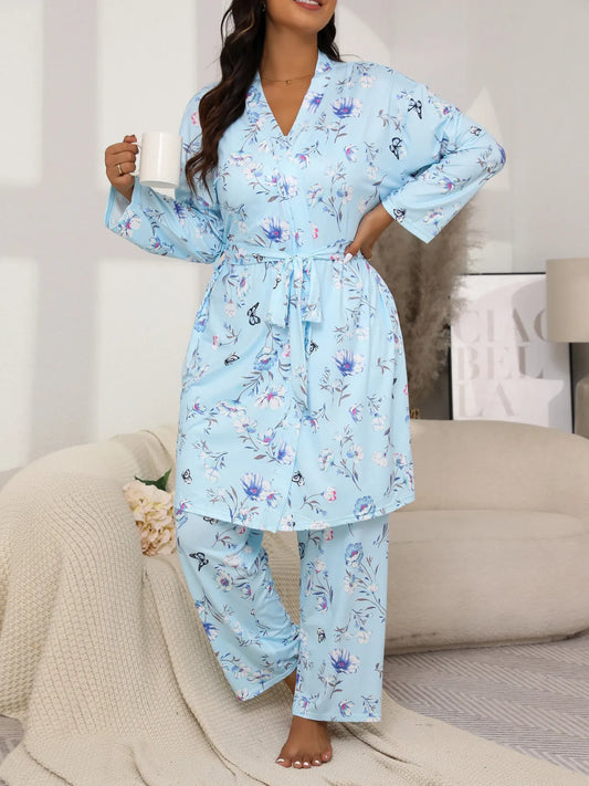 3-delad pyjamaset med blommönster