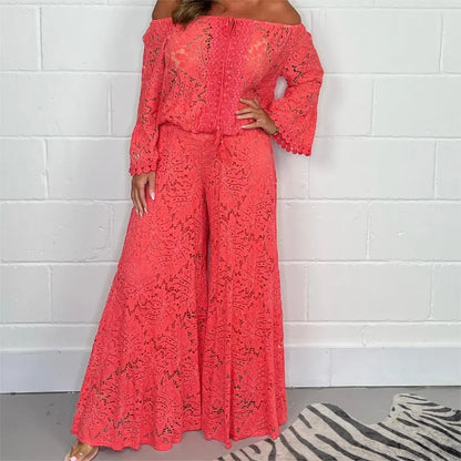 Elegant off-shoulder set med vida byxor