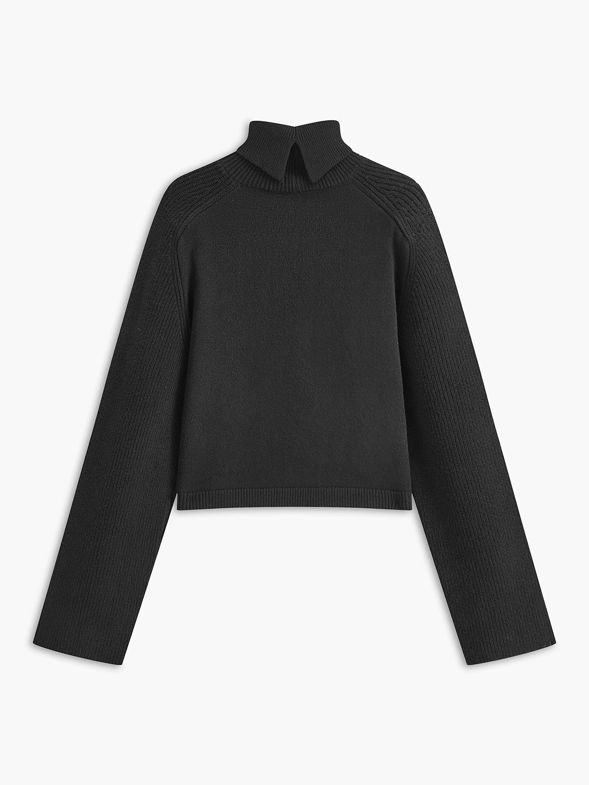 Baksida av minimalistisk turtleneck i svart med hög krage, polyesterblandningstyg.