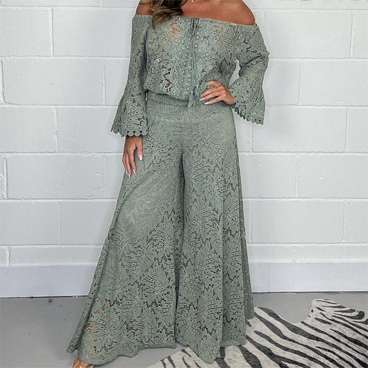 Elegant off-shoulder set med vida byxor